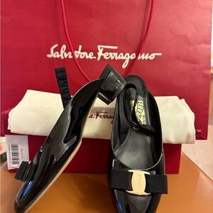 Salvatore Ferragamo Black Patent Leather Flats with Bow